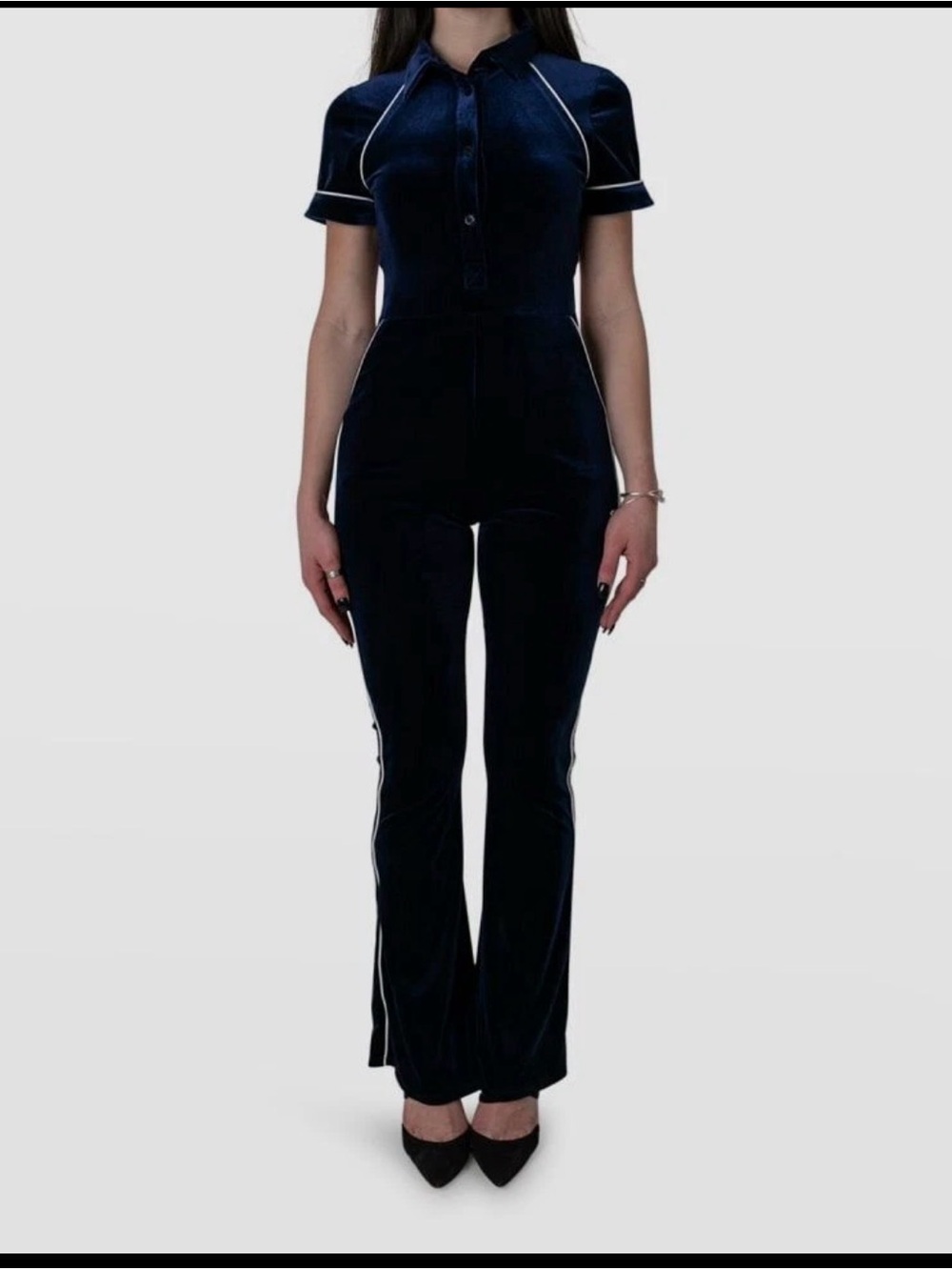 33 1015.00 NWT Rhude Women's Blue Rocco Velvet Button-Front Open Back Jumpsuit